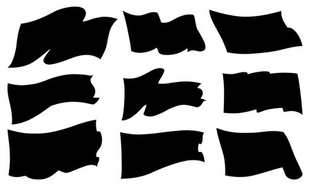 Waving flags silhouette. Set of black flags template on white background. National flags waving symbols. Banner design elements. Mockup collectionのイラスト素材