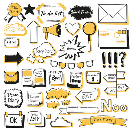 Journal doodle icons set. Hand drawn banners and elements for notebook, diary and planner. Doodle scribble style. Vector illustrationのイラスト素材