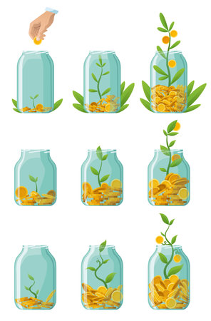 Investing bottle money, icon set. Money growing concept, finance savings tree, finances investment. Money growing plant step with deposit coin in bank conceptのイラスト素材