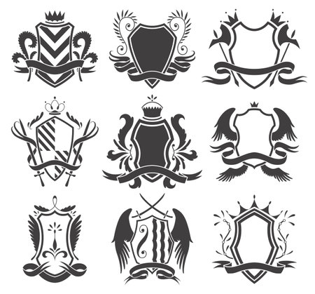 Knight shields heraldic icon set. Vintage monochrome knight award elements collection. Royal badges, luxury filigree emblems. Various decorative elements on white backgroundのイラスト素材