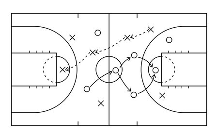 Basketball strategy field, game tactic board template. Hand drawn basketball game scheme, learning sport plan board. Court in line style. Vector illustrationのイラスト素材