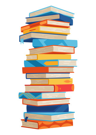 High book stacks or pile. Library textbooks and school literature heaps, dictionaries. Bookstore advertise. Cartoon stacked books angle view with different colorful covers isolated on whiteのイラスト素材