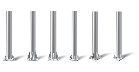 Metal pole pillars set. Steel pipes bolted on different base. Steel vertical cylinder footings for road sign, banner, billboard, isolated on white background. Vector illustrationのイラスト素材