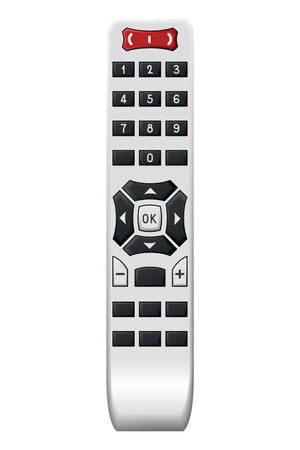 Tv remote control design with buttons. Wireless power media device to switch channel programmes remotely. Universal controller of technology equipment, isolated vector illustrationのイラスト素材