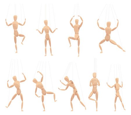 Wooden marionettes with joints in different poses. Wood human anatomy, statue doll or handmade puppet theater toys men figure. Dummy or mannequin at control rope, vector illustrationのイラスト素材