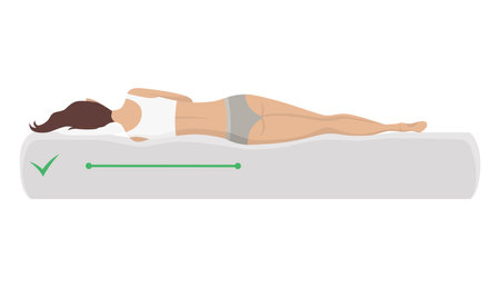 Correct sleeping body posture. Healthy sleeping position spine on orthopedic mattress and pillow. Caring for health of back, neck. Vector illustrationのイラスト素材