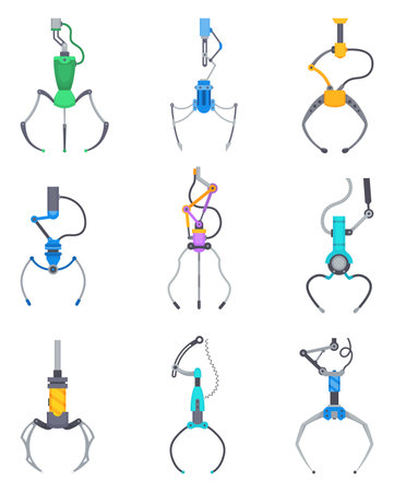 Mechanical claw grippers. Mechanical robotic grips. Arm arcade game hooks for prizes technological mechanisms for transfer goods. Grip robotic claw in factory. Vector illustrationのイラスト素材