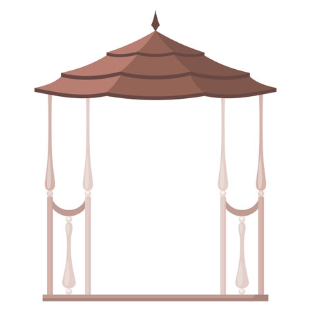 Gazebos pergola style. Architecture wooden bower flat cartoon icon. Pavilion structure, city park or gardens area element isolated on white background. Vector illustrationのイラスト素材