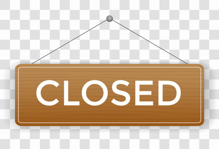 Closed signboard icon. Announcement banner, information signage, board. Wooden hanging door sign for cafe, restaurant, bar or retail store. Vector illustrationのイラスト素材
