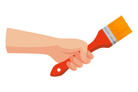Construction tool in hand, brush. Repair and housework equipment in flat design, vector illustration. Master tool for building renovationのイラスト素材