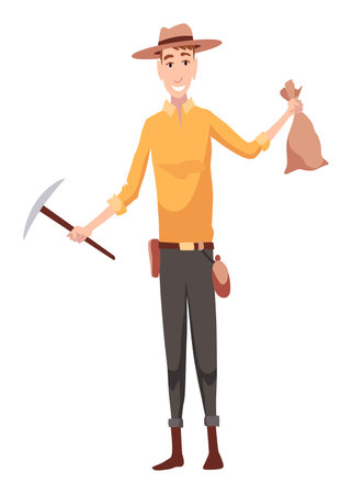 Golden miner. Digger character find minerals and gold working, digging exact. Gold mineral extraction. Vector illustration in cartoon styleのイラスト素材