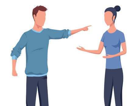 Angry couple shouting at each other, marriage problems. People quarrel, wife and husband arguing, family conflict. Vector cartoon illustrationのイラスト素材