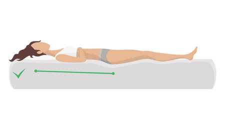 Correct sleeping body posture. Healthy sleeping position spine on orthopedic mattress and pillow. Caring for health of back, neck. Vector illustrationのイラスト素材