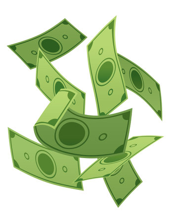 Cartoon money. Paper cash, bills fly. Keeping money in bank. Green banknotes wealth, accumulation and inheritance. Flat vector money illustration. Objects isolated on white backgroundのイラスト素材