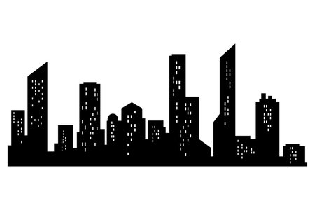 Cityscape silhouette. City building, night town and horizontal urban panorama silhouette. Modern urban landscape. Monochrome panoramic viewのイラスト素材