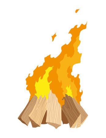 Fireplace campfire type. Burning wood, travel and adventure symbol. Vector bonfire or woodfire in cartoon flat style. Tourist bonfires in stackのイラスト素材