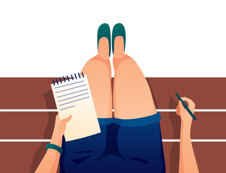 Girl sitting on bench vector illustration of university. Legs top view on white background for back to school designのイラスト素材