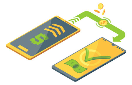 Money transfer app isometric. Vector concept illustration of mobile money transfer. Two smartphones and bundle of the banknotes and coins are flying from one smartphone to the otherのイラスト素材