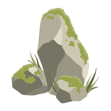 Rock stone formations. Small boulder mountain with grass and moss, big icon with rocky texture, heavy piles. Cobblestones of various shapes, hard rock rubbles. Vector cartoon backgroundのイラスト素材