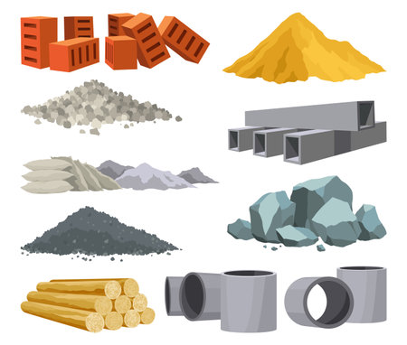 Building materials. Construction concept. Illustrations can be used for construction sites or illustrate renovation works. Bricks, planks, metal, sand and stone pipes vector setのイラスト素材