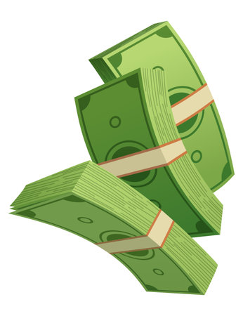 Cartoon money. Paper cash, bills. Keeping money in bank. Green banknotes wealth, accumulation and inheritance. Flat vector money illustration. Objects isolated on white backgroundのイラスト素材