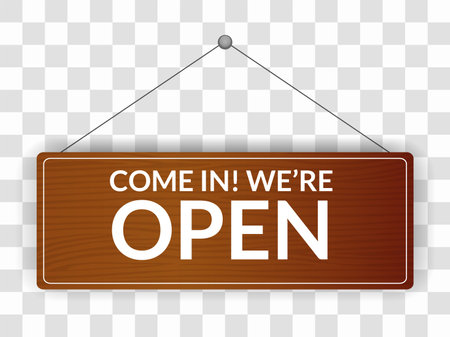 Open signboard icon. Announcement banner, information signage, board. Wooden hanging door sign for cafe, restaurant, bar or retail store. Vector illustrationのイラスト素材
