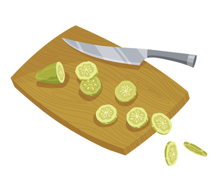 Homemade pickled cucumber. Clip-art of marinated food for packaging, label, menu, signboard or showcase. Fermented veggies, crunch gherkin with salt. Healthy vegetarian foodのイラスト素材