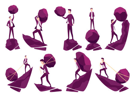 Businessmans with boulders vector illustration set. Stressed mans carry heavy stone on shoulder overwhelmed with problem or task. Crisis problem of business people, challenge, conquering conceptのイラスト素材
