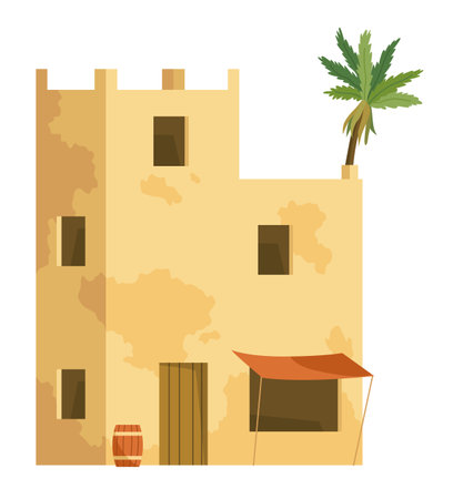 Middle east. Arabic desert with traditional mud brick houses. Ancient building. Flat vector illustrationのイラスト素材