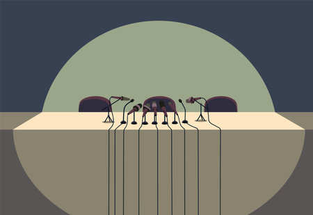 Press conference table or tribune with microphones. Media interviews and answers to questions. Political conference banner, reportage or briefingのイラスト素材