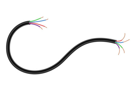 Broken electrical copper wire or cord. Damaged electric power cable. Torn wire with bare wire. Danger electric problem. Color electricity cable. Vector illustration isolated on white backgroundのイラスト素材