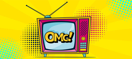 Comic retro tv on halftone and dots backdrop. Vector colorful background in pop art retro comic style. Cartoon vintage 70s, 80s televisionのイラスト素材