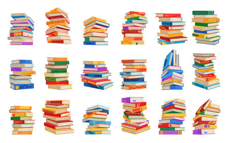 High book stacks or pile icon set. Library textbooks and school literature heaps, dictionaries. Bookstore advertise. Cartoon stacked books angle view with different colorful covers isolated on whiteのイラスト素材