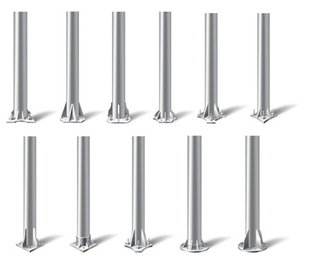 Metal pole pillars set. Steel pipes bolted on different base. Steel vertical cylinder footings for road sign, banner, billboard, isolated on white background. Vector illustrationのイラスト素材