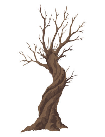 Old dead tree, rough spooky bark, dry naked branch silhouette. Vector scary forest, leafless trunk. Nature ecology problems concept. Winter or autumn season plants icon isolatedのイラスト素材