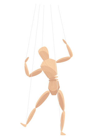 Wooden marionette with joints. Wood human anatomy, statue doll or handmade puppet theater toy men figure. Dummy or mannequin at control rope, vector illustrationのイラスト素材