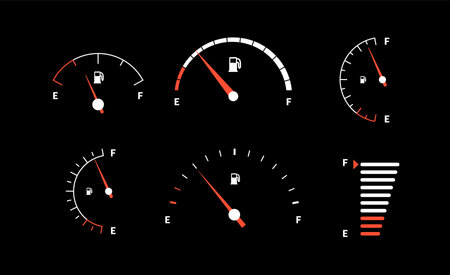 Fuel indicator meter or fuel gauge for petrol, gasoline, diesel level count. Control gas tank fullness. Set of fuel gauge scales icons. Car dial petrol gasoline dashboard. Vector illustrationのイラスト素材