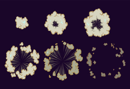 Explosion animation set. Cartoon burst effect of vector comic boom and bang. Bomb blasts or explosive power energy flash, war game attacks animation. Vector illusrationのイラスト素材
