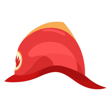 Fireman helmet icon, side view. Hat of firefighter with metal emblemsor logo. Red fireman cup, uniform headwear. Vector illustration isolated on whiteのイラスト素材