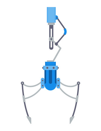 Mechanical claw gripper. Mechanical robotic grip. Arm arcade game hooks for prizes technological mechanisms for transfer goods. Grip robotic claw in factory. Vector illustrationのイラスト素材