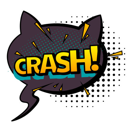 Comic colored hand drawn speech bubble. Retro cartoon sticker. Funny design vector item illustration. Comic text CRASH sound effect in pop art styleのイラスト素材