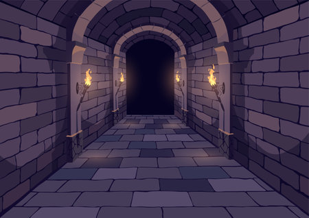 Dark Dungeon. Long medieval castle corridor with torches. Interior of ancient Palace with stone arch. Vector illustrationのイラスト素材