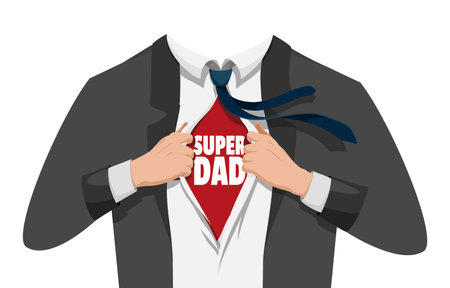 Opening shirt superhero. Office worker or businessman tearing his shirt to show text SUPER DAD in flat cartoon style. Business success concept in pop art comic style. Vector illustrationのイラスト素材