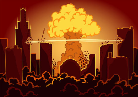 Big explosion in the city. War and damages after big explosion in the city. Urban landscape with burn sky after atomic bombのイラスト素材