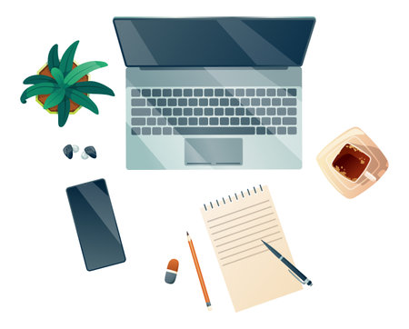 Top view of workspace with notebook coffee cup and plant. Vector cartoon flat lay of workplace mobile phone, note book and headphonesのイラスト素材