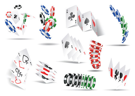 Playing card and chips poker game elements in 3D realistic design set. Vector aces hearts and spades, clubs and diamonds. Leisure hobby entertainment gambling game objects, red and black suitsのイラスト素材