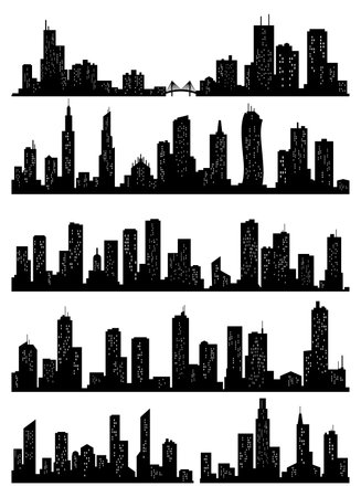 Cityscape silhouette collection. City buildings, night town and horizontal urban panorama silhouettes set. Skyline with windows in a flat styleのイラスト素材