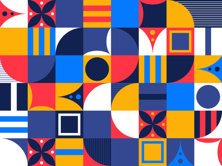 Geometric mosaic, Bauhaus pattern. Modern geometry figure, shape. Bauhaus. Geometric mosaic. Minimal mural texture. Scandinavian. Geometric mosaic print. retro wallpaper. Vector illustrationのイラスト素材