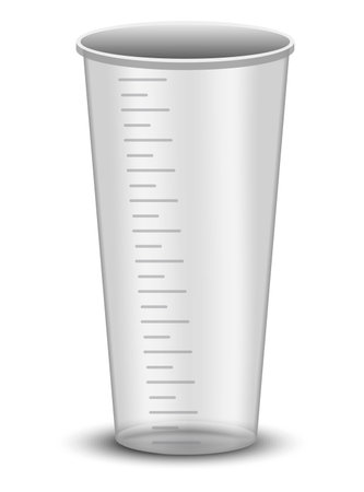 Plastic or glass measure jug. Realistic glass cup with measurement scale for volume isolated. Container for cooking or chemicals. Vector iconのイラスト素材