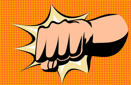 Hand fist with comics background. Blow fist flat cartoon banner. Vector hand strike as a concept energy and powerのイラスト素材
